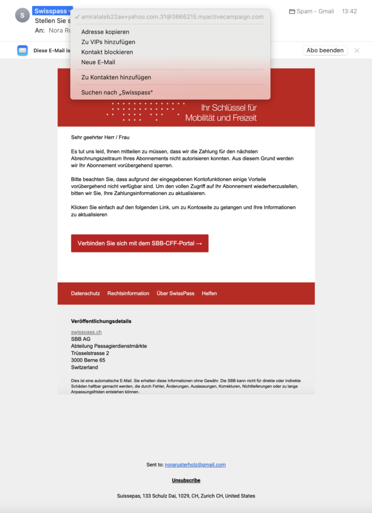 Phishing Beispiel Swisspass